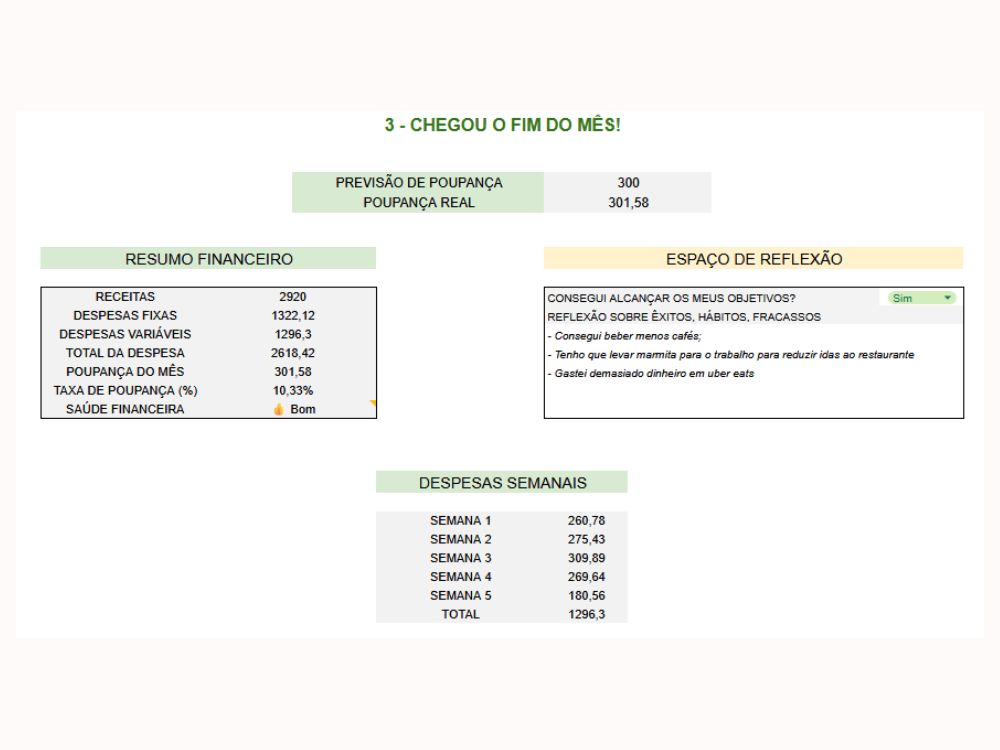 Exemplo de planilha de poupança mensal com resumo financeiro